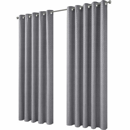 Luxurious Paris Eyelet Jacquard Curtains featuring an elegant grey geometric pattern, designed for superior light blocking and thermal insulation.