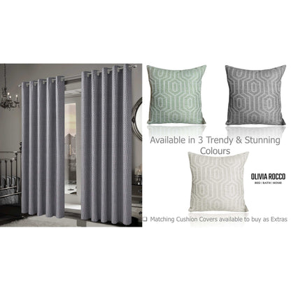 Luxurious Paris Eyelet Jacquard Curtains in Grey with Elegant Geometric Pattern, showcasing their premium fabric and design.