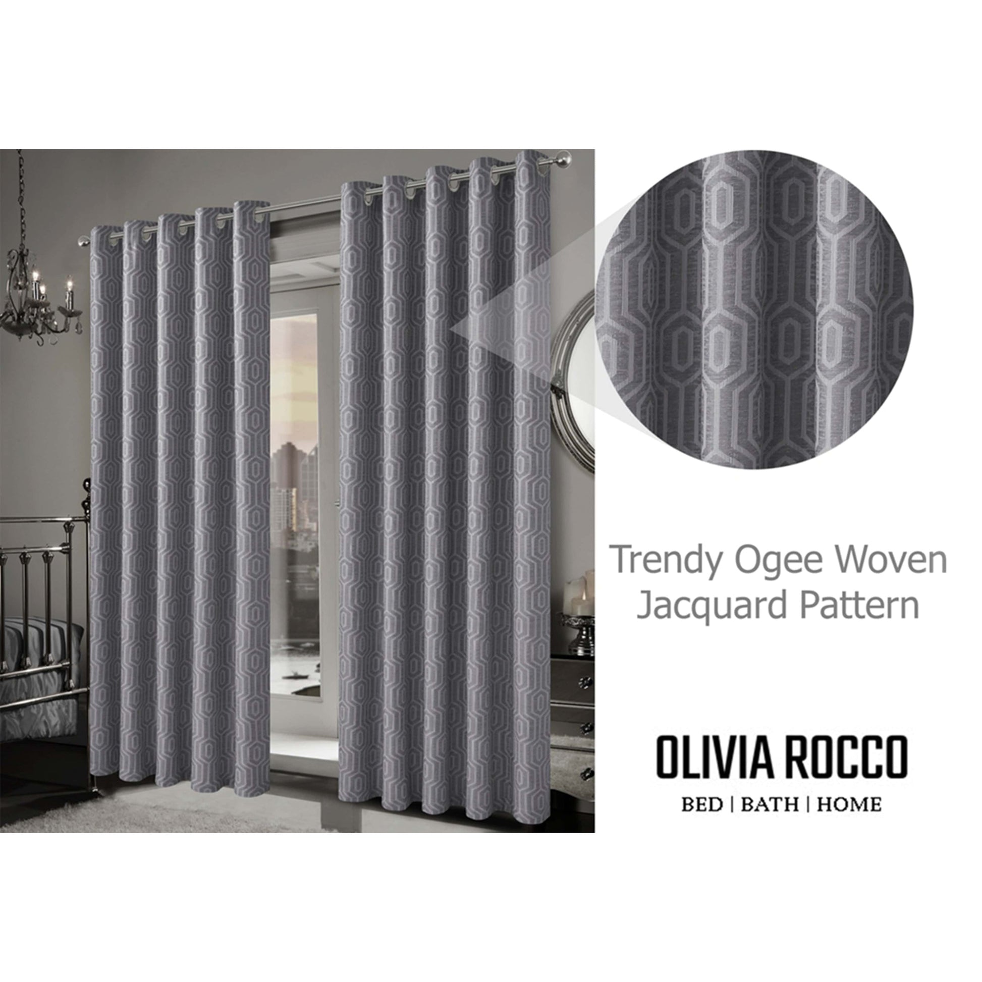Beautifully draped Paris Eyelet Jacquard Curtains in a modern living room setting, reflecting chic décor and elegance.
