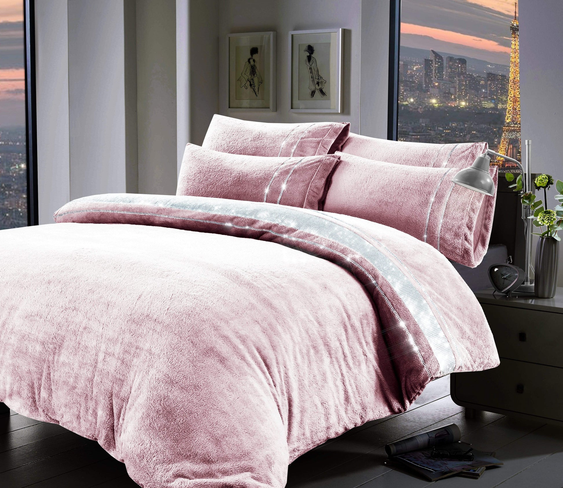 Luxurious Paris Glitz Teddy Fleece Duvet Set featuring handwoven diamante detailing on a plush teddy fabric, ideal for creating an elegant bedroom atmosphere.