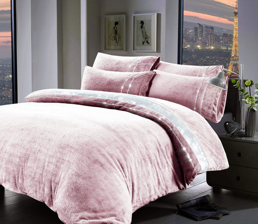 Luxurious Paris Glitz Teddy Fleece Duvet Set featuring handwoven diamante detailing on a plush teddy fabric, ideal for creating an elegant bedroom atmosphere.