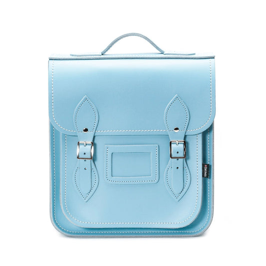 Luxury Handmade Leather City Backpack in Pastel Baby Blue, crafted in England, showcasing premium leather and traditional craftsmanship.