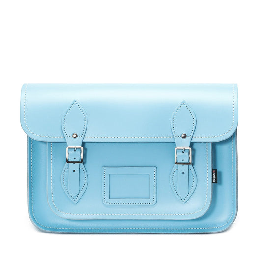 Handmade Pastel Baby Blue Leather Satchel - Luxurious cross-body and laptop bag featuring elegant silver nickel buckles, traditional British craftsmanship, and personalisation options for a chic, stylish accessory.