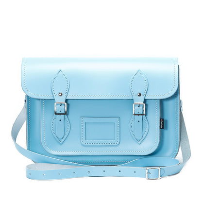 Handmade Pastel Baby Blue Leather Satchel showcasing elegant design and craftsmanship, perfect for stylish cross-body and laptop use.