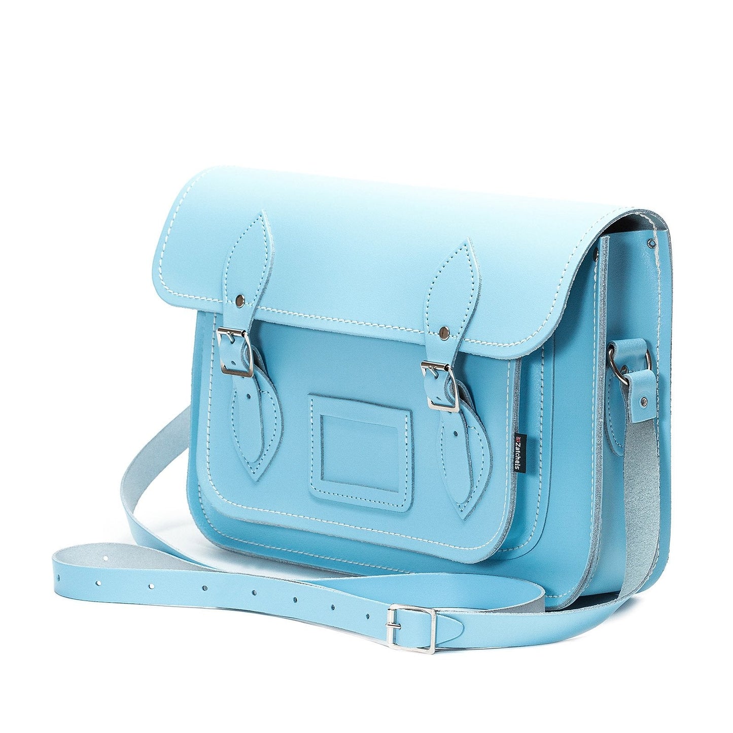 Close-up view of the luxurious pastel blue leather satchel, highlighting the premium quality and personalised options available for an exclusive touch.