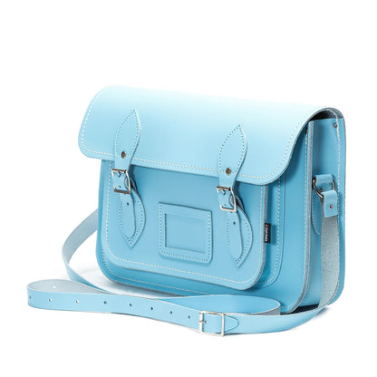Close-up view of the luxurious pastel blue leather satchel, highlighting the premium quality and personalised options available for an exclusive touch.
