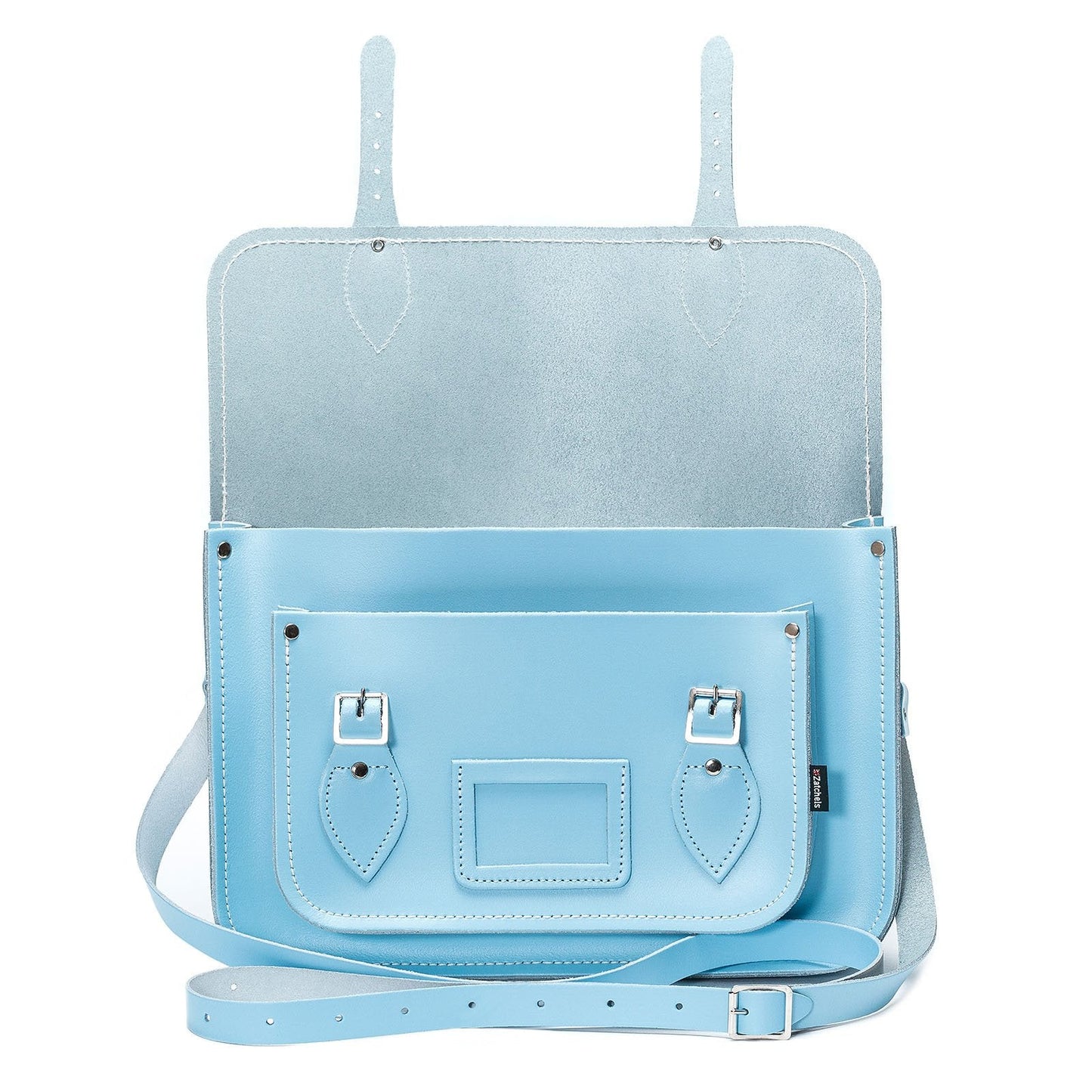 Versatile carrying options of the baby blue leather satchel, elegantly worn as a shoulder bag or cross-body for any occasion.