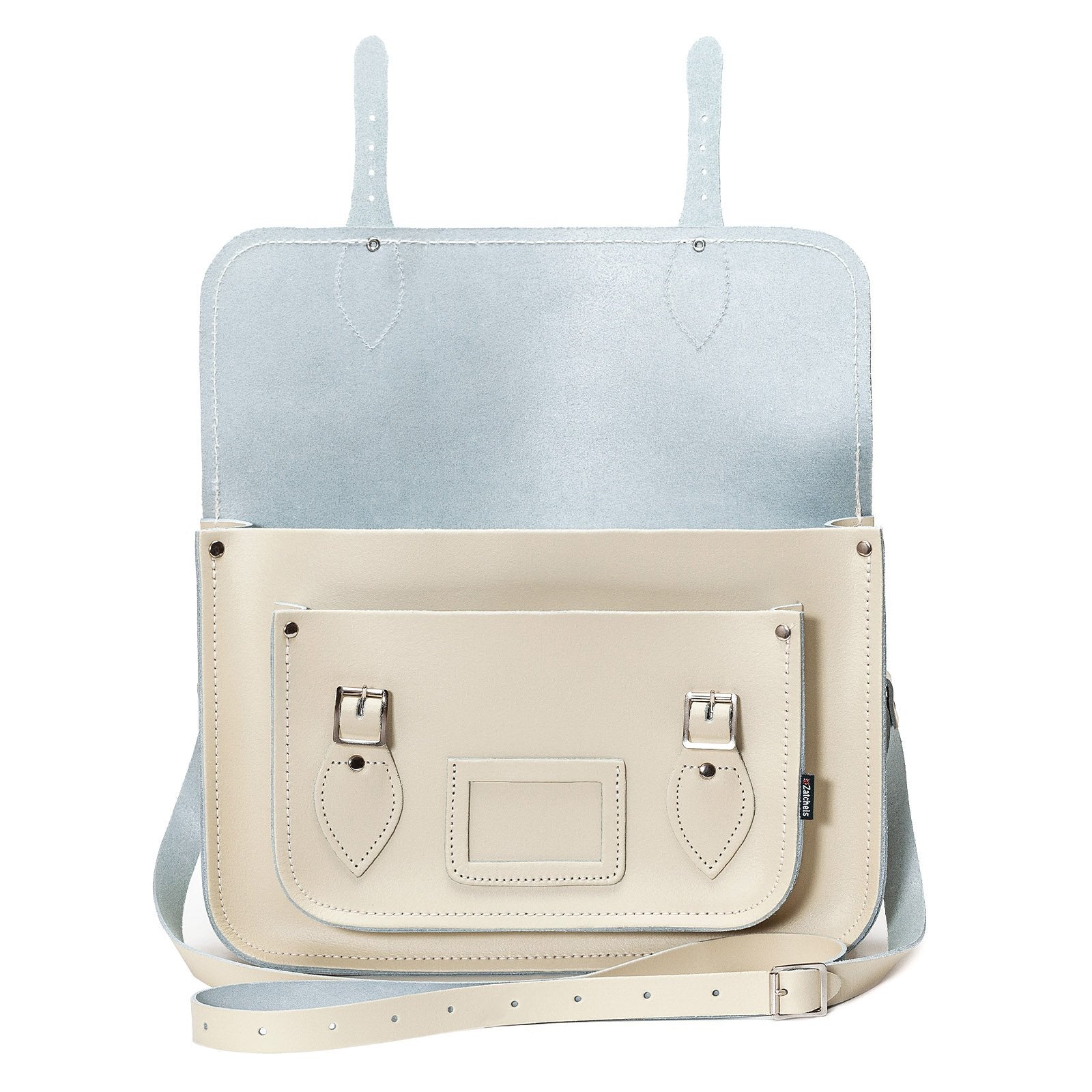 Personalisation options for the handcrafted pastel cream leather satchel, featuring a laser-engraved name and additional backpack straps.
