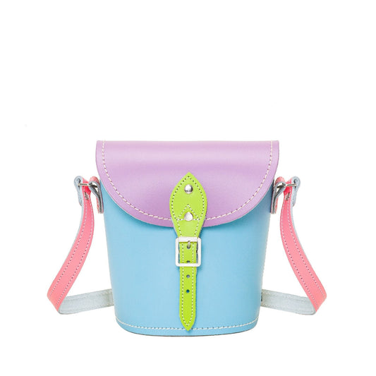 Luxury Handmade Pastel Kaleidoscope Leather Barrel Bag in elegant pastel shades, showcasing premium quality leather craftsmanship and unique design.