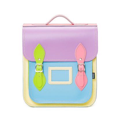 Elegant Pastel Kaleidoscope Handmade Leather City Backpack showcasing its vibrant colourful panels, designed to accommodate 10-13 inch laptops, perfect for stylish urban explorers.