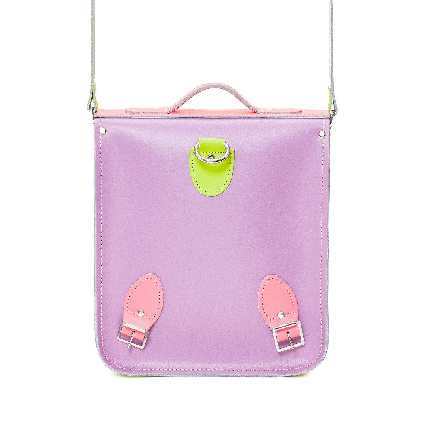 Versatile Pastel Kaleidoscope Handmade Leather City Backpack worn as a shoulder bag, highlighting its chic design and vibrant colours, ideal for a sophisticated yet practical accessory.