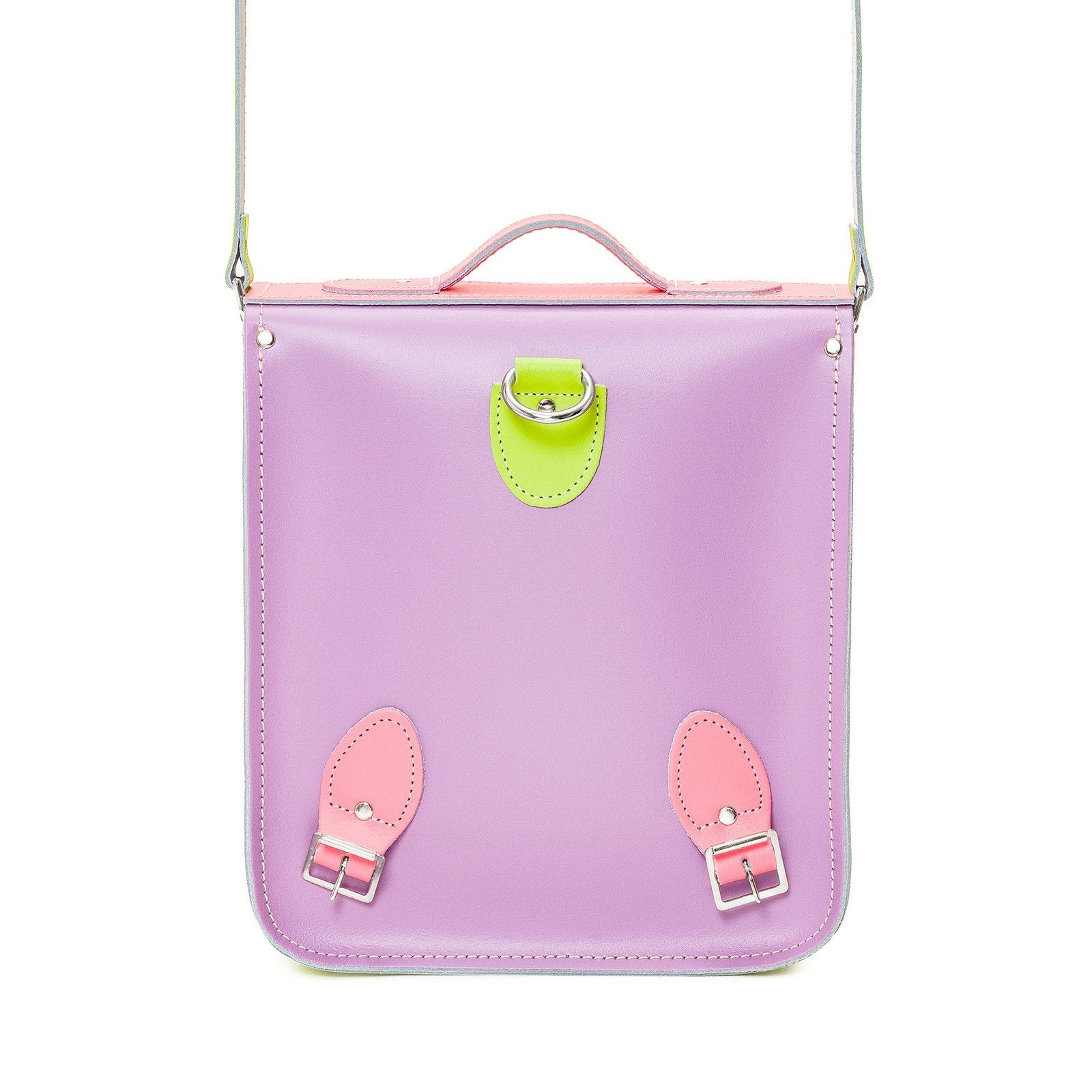 Versatile Pastel Kaleidoscope Handmade Leather City Backpack worn as a shoulder bag, highlighting its chic design and vibrant colours, ideal for a sophisticated yet practical accessory.