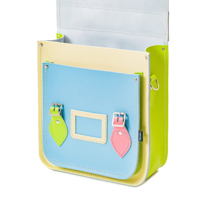 Pastel Kaleidoscope Handmade Leather City Backpack showcasing vibrant pastel colours and artisanal craftsmanship, perfect for carrying 10-13 inch laptops with luxury style.