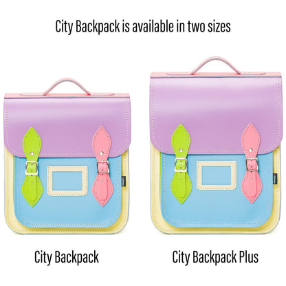 Close-up of the sleek and customisable buckle closures of the Pastel Kaleidoscope Leather City Backpack, highlighting premium quality and modern design features.