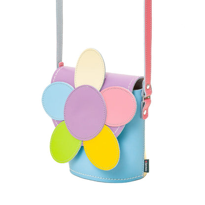 Elegant Pastel Kaleidoscope Handmade Leather Daisy Barrel Bag showcasing vibrant, contrasting pastel panels, perfect for adding a pop of colour to any outfit.