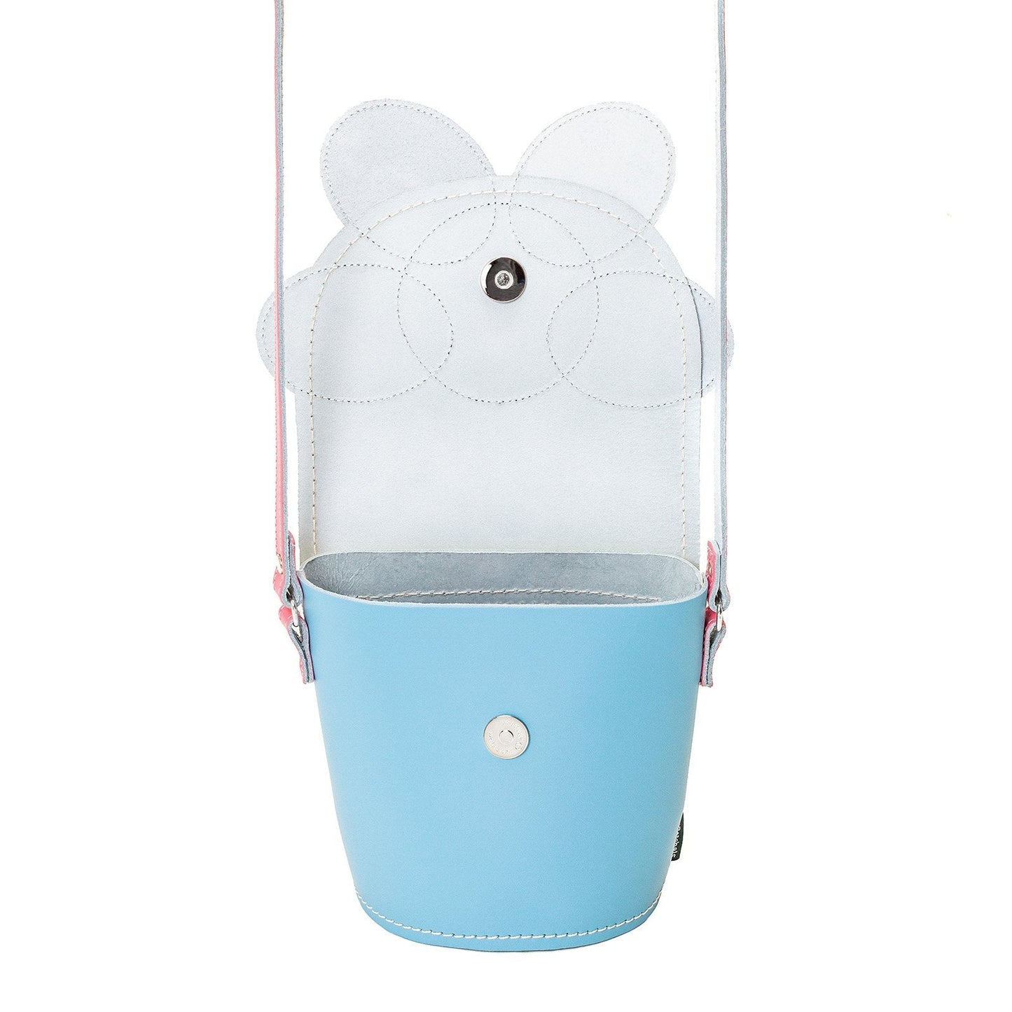 Close-up of the intricate white hand stitching on the Pastel Kaleidoscope Daisy Barrel Bag, highlighting its artisanal craftsmanship and luxurious appeal.