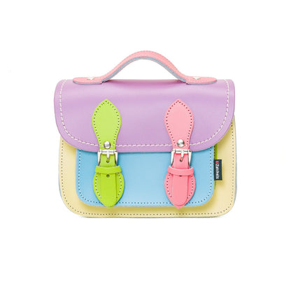 Luxury Handmade Pastel Kaleidoscope Leather Micro Satchel showcasing exquisite craftsmanship with pastel colours and pristine white stitching.
