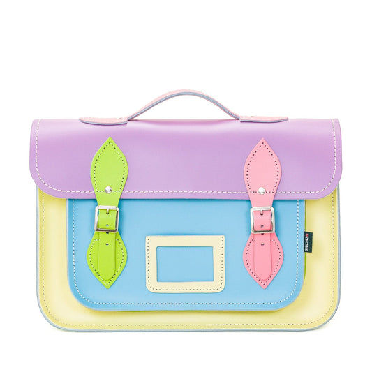 Elegant Handcrafted Pastel Kaleidoscope Leather Satchel Bag showcasing a vibrant blend of pastel colours and white hand stitching, ideal for a luxury accessory collection.