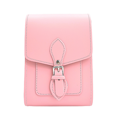Elegant pastel pink Handmade Leather Festival Phone Bag with adjustable strap displaying exquisite craftsmanship.
