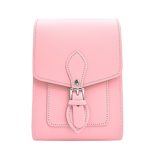 Elegant pastel pink Handmade Leather Festival Phone Bag with adjustable strap displaying exquisite craftsmanship.