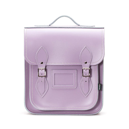 Handmade pastel violet leather city backpack showcasing stylish design, perfect for tablets and laptops, featuring premium craftsmanship and refined detailing.