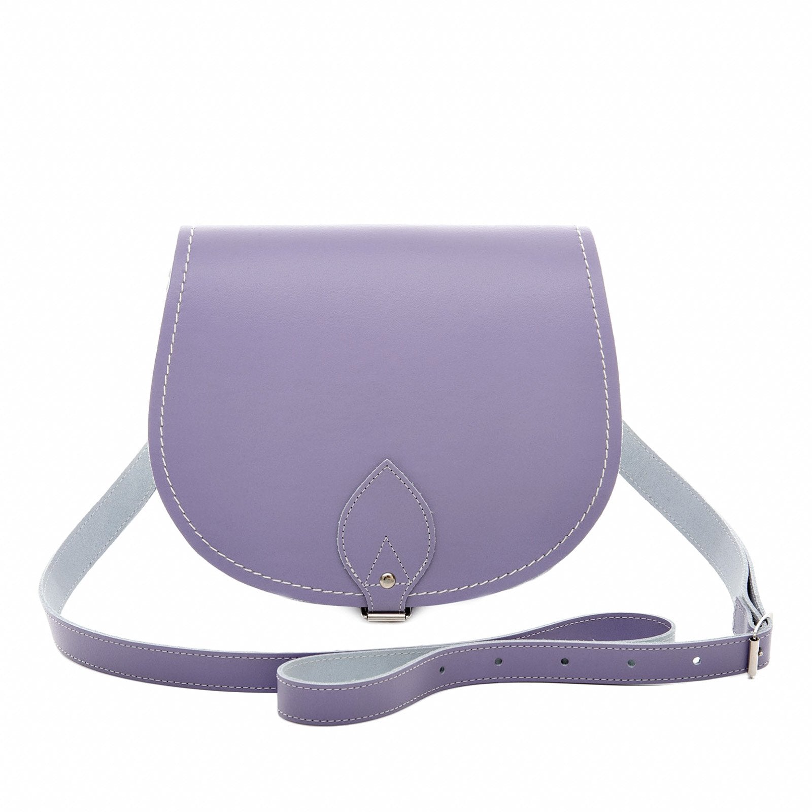 Handmade Pastel Violet Leather Saddle Bag featuring adjustable cross body strap and classic design, showcasing high-quality leather craftsmanship in England.