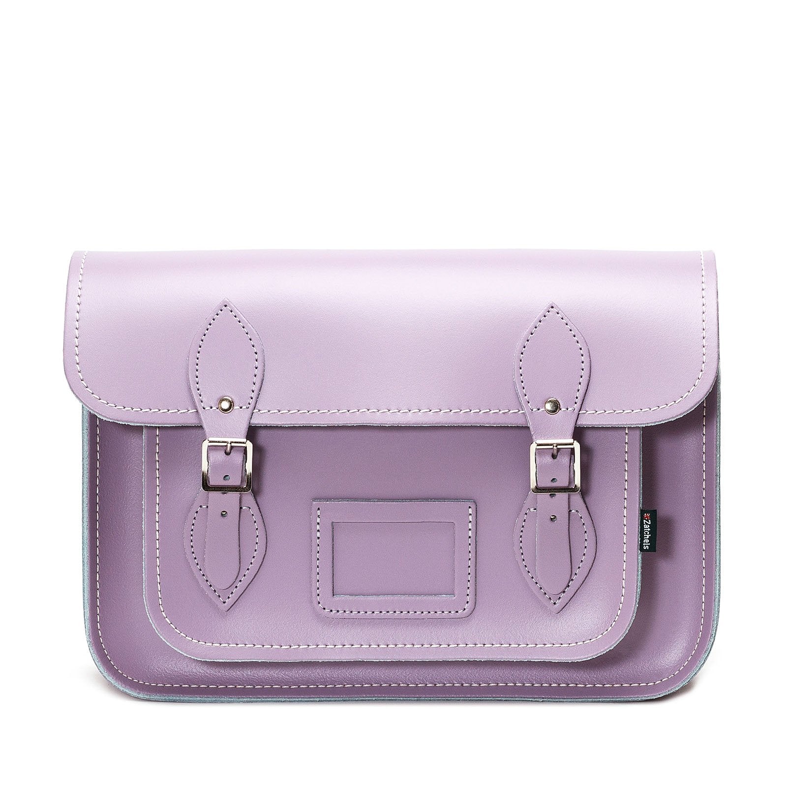 Handmade Pastel Violet Leather Satchel featuring exquisite silver nickel buckles and matching colour stitching, adjustable cross-body and shoulder strap for versatile styling.
