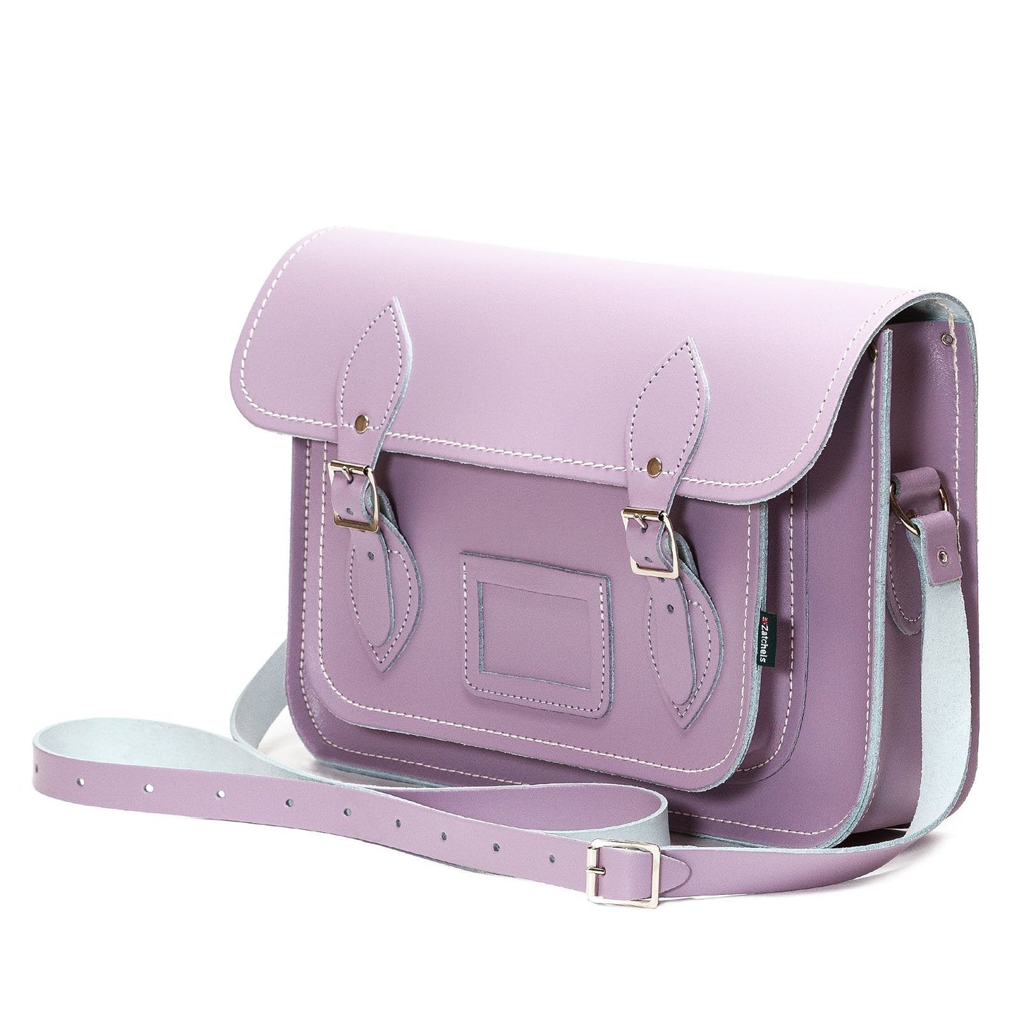Handmade Pastel Violet Leather Satchel showcasing traditional British craftsmanship with elegant matching colour stitching and stylish adjustable strap for cross-body or shoulder wear.