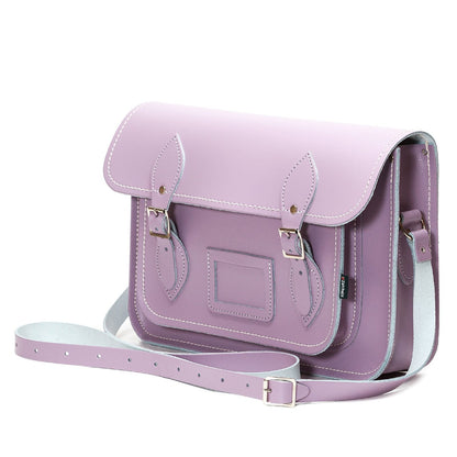 Handmade Pastel Violet Leather Satchel showcasing traditional British craftsmanship with elegant matching colour stitching and stylish adjustable strap for cross-body or shoulder wear.