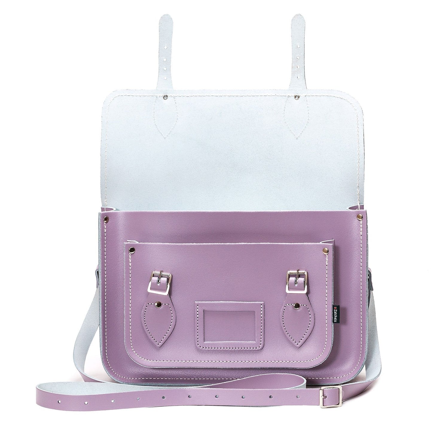 Close-up view of Handmade Pastel Violet Leather Satchel highlighting luxurious silver nickel buckles and beautifully crafted leather finish, perfect for personalisation options.