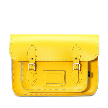 Luxury Handmade Leather Satchel in Pastel Daffodil Yellow, showcasing exquisite craftsmanship and elegant design with adjustable strap and personalisation options.
