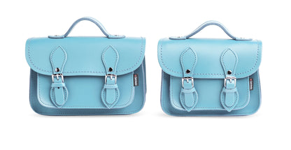 Complete collection of Zatchels pastel baby blue leather micro satchels available in small and plus sizes, showcasing luxurious fashion versatility.