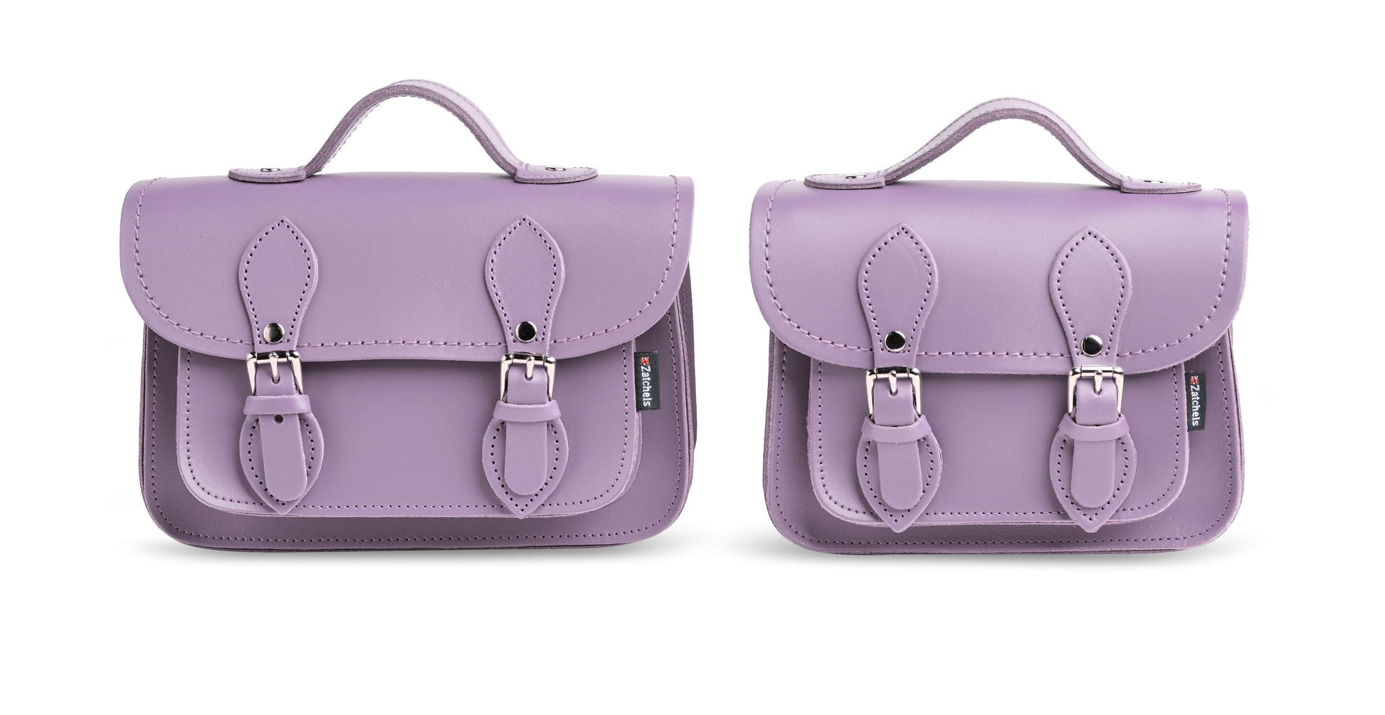 Close-up of the elegant nickel silver buckles on the Luxury Handmade Leather Micro Satchel in Pastel Violet, highlighting superior quality and attention to detail.