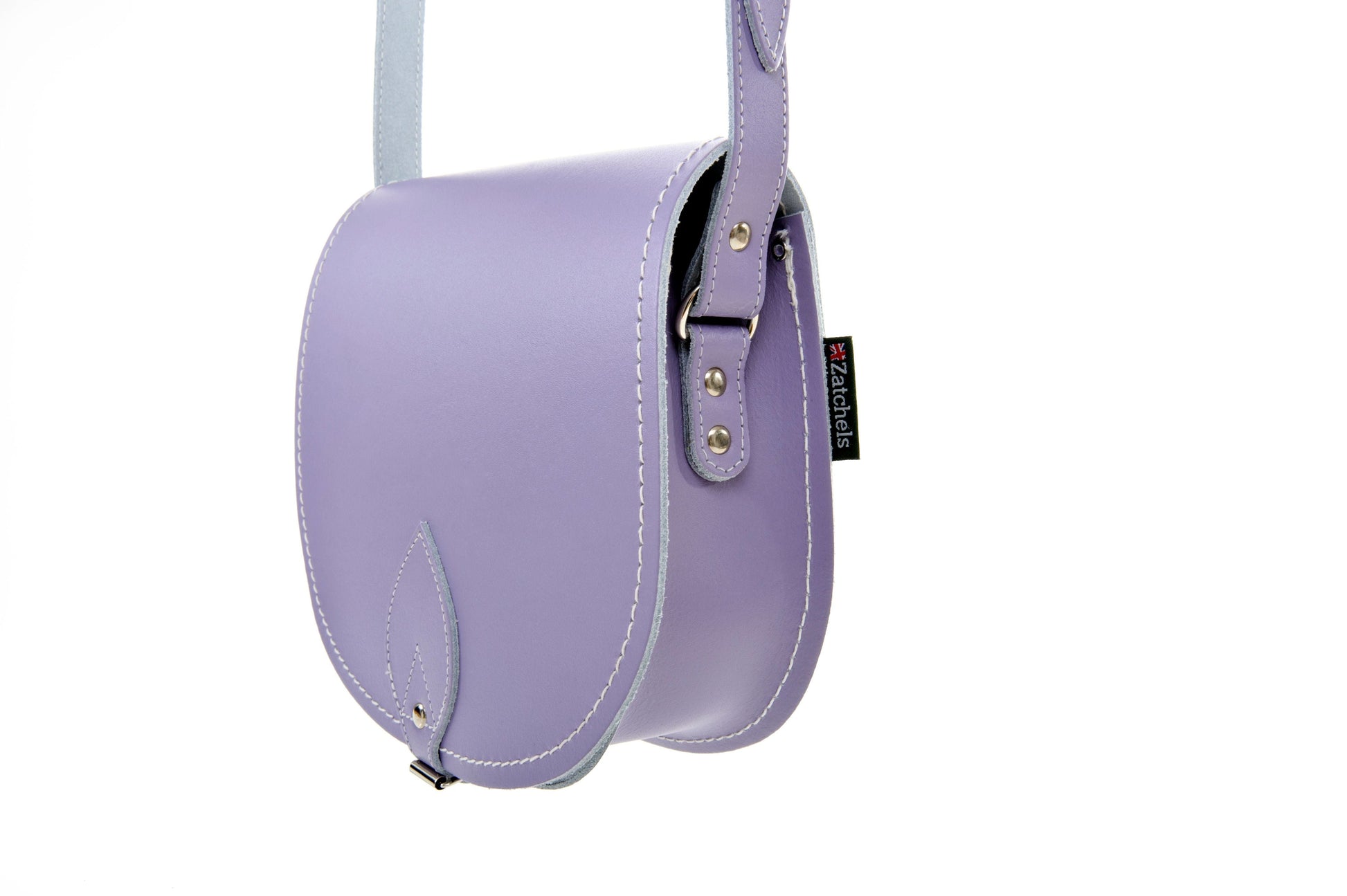 Elegant Handmade Pastel Violet Leather Saddle Bag opened to reveal spacious interior, designed with traditional buckle closure and exquisite contrasting stitching.