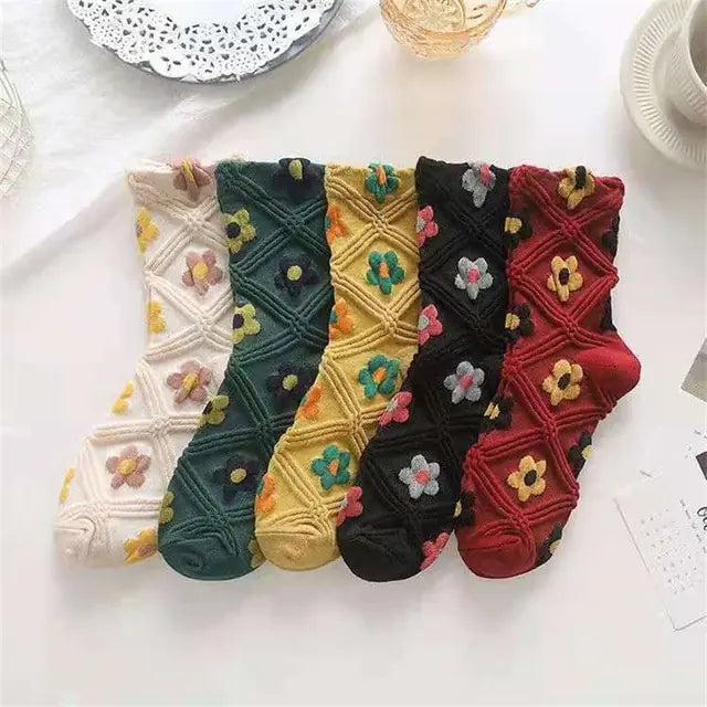 5 Pairs Women's Vintage Flower Embroidery Socks