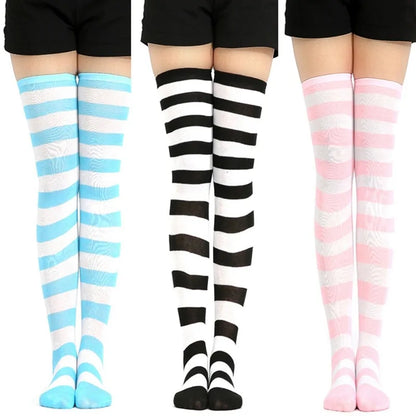 Kawaii Lolita striped thigh high socks by Dazzling Dreams Studio, showcasing a vibrant, playful design perfect for anime cosplay and fashionable styling.