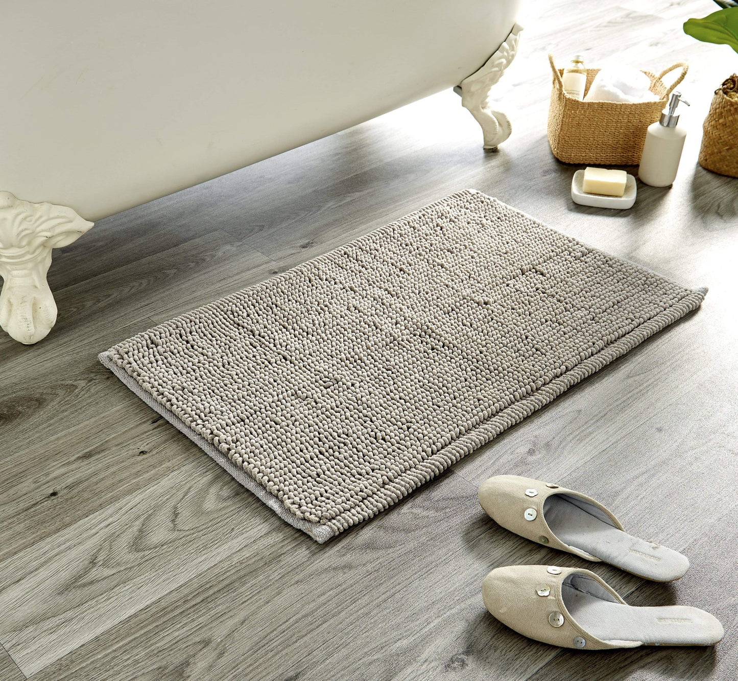 Soft and plush Pebbles Micro Bobble Bath Mat in a neutral tone, designed for maximum absorbency and quick-drying functionality.