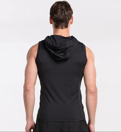 Back view of a luxury men's sleeveless compression shirt in black, showcasing a sleek design with a hood, ideal for dynamic training sessions and modern athletic style.