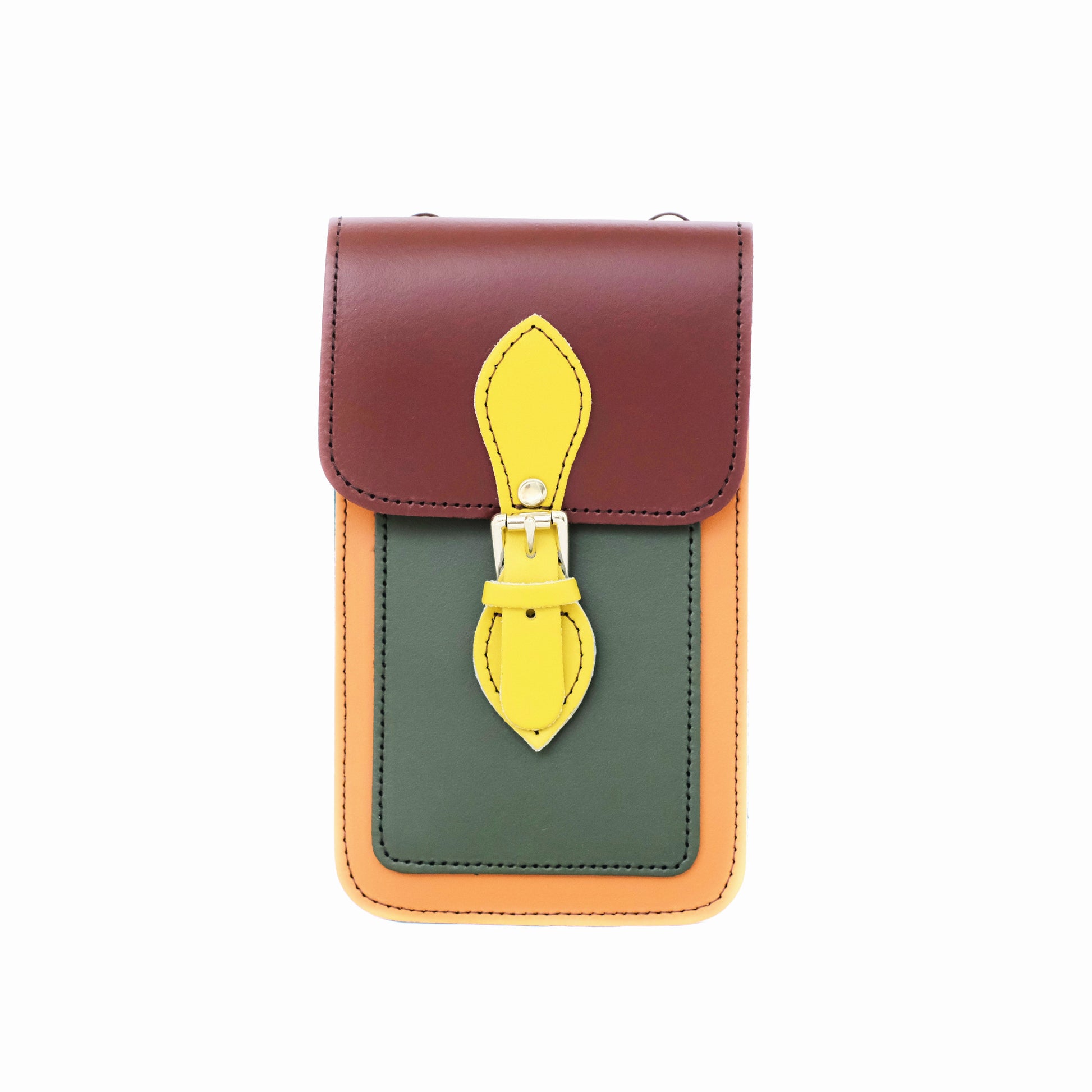 Luxurious Zatchels Handmade Leather Mobile Phone Pouch in Autumnal Kaleidoscope design, showcasing vibrant Marsala Red, Ivy Green, Burnt Orange, and Yellow Ochre colours, perfect for stylish smartphone storage.