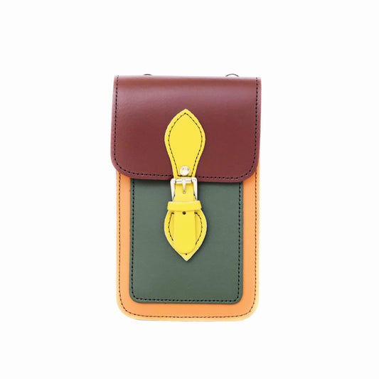 Luxurious Zatchels Handmade Leather Mobile Phone Pouch in Autumnal Kaleidoscope design, showcasing vibrant Marsala Red, Ivy Green, Burnt Orange, and Yellow Ochre colours, perfect for stylish smartphone storage.