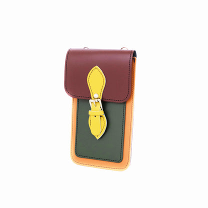 Luxurious Handmade Leather Mobile Phone Pouch in Autumnal Kaleidoscope featuring vibrant Marsala Red, Ivy Green, Burnt Orange, and Yellow Ochre; adjustable crossbody strap and premium craftsmanship.