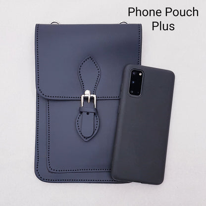 Luxury Handmade Purple Leather Mobile Phone Pouch by Zatchels, displaying multiple compartments for cards and cash in a stylish setup.
