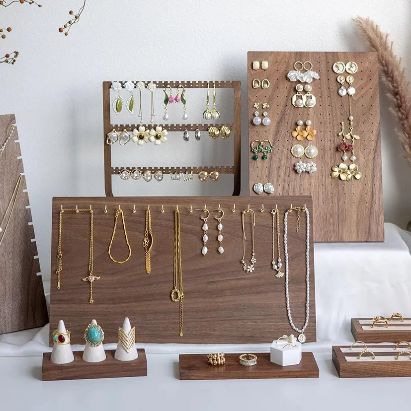 Large capacity walnut jewelry stand designed for organised display of earrings and necklaces, featuring exquisite craftsmanship and an elegant aesthetic.