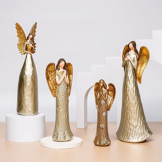 Elegant golden heart-hugging angel sculpture made of chic synthetic resin, perfect for luxurious indoor décor.
