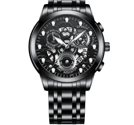 Close-up of the elegant dial of a luxury men's round quartz watch with pointer and number display, showcasing its sophisticated design.