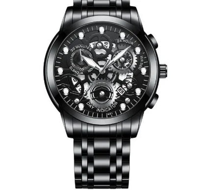 Close-up of the elegant dial of a luxury men's round quartz watch with pointer and number display, showcasing its sophisticated design.