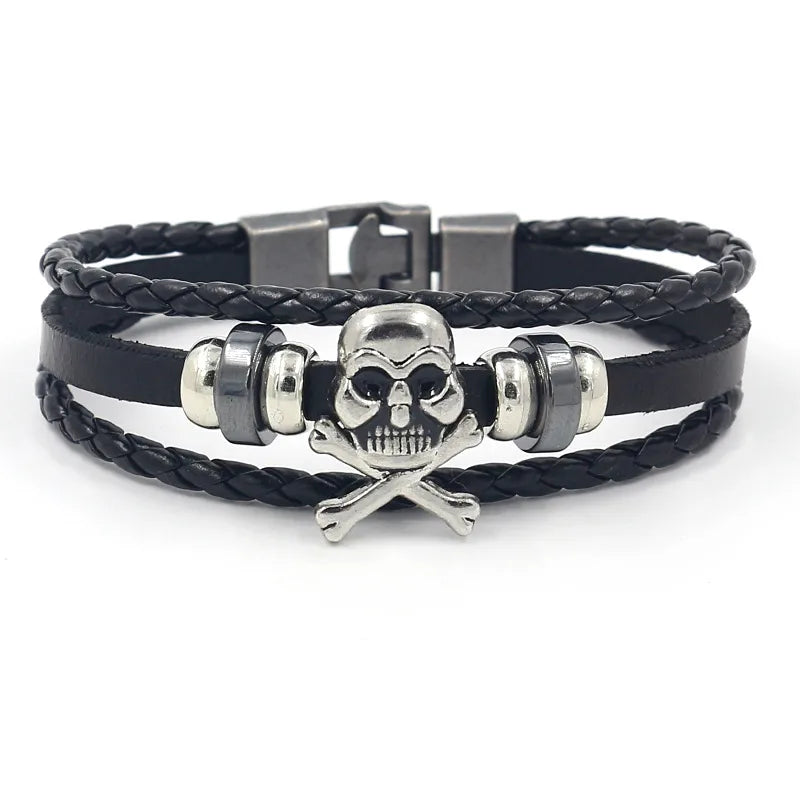 Stylish black PU leather bracelet featuring a skull design, ideal for men's fashion and Halloween wear.