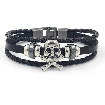 Stylish black PU leather bracelet featuring a skull design, ideal for men's fashion and Halloween wear.