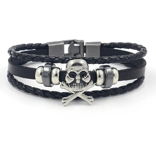 Stylish black PU leather bracelet featuring a skull design, ideal for men's fashion and Halloween wear.