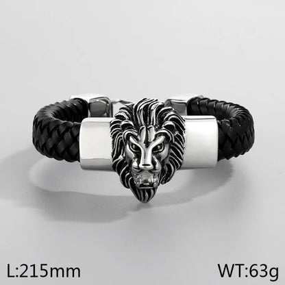 Hip-Hop Retro Animal Lion Skull 304 Stainless Steel Leather rope Leather Halloween Men's Bracelets